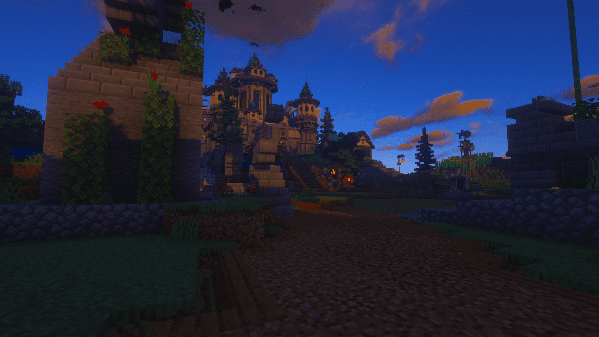 Epic Minecraft cinematic landscape at sunset with voxel mountains, lush forests, and a castle in the distance